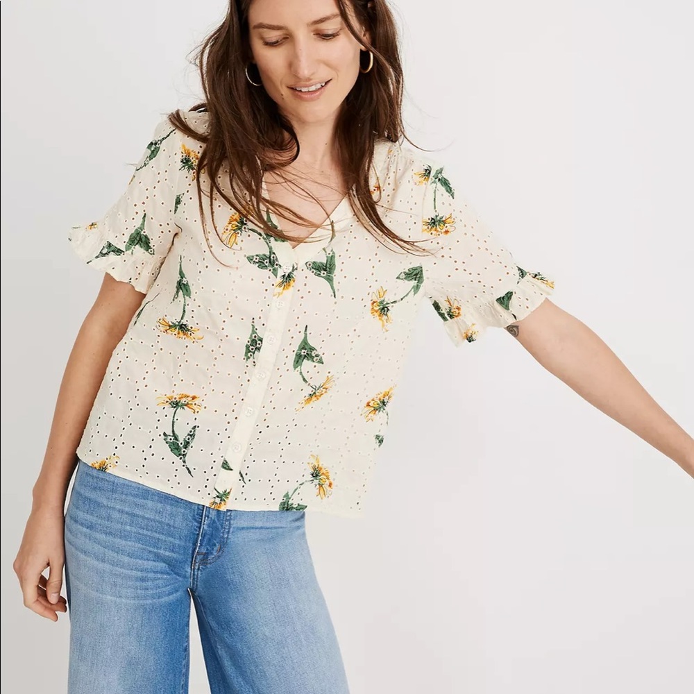 Madewell Eyelet Village Ruffle-Sleeve Shirt in Sunflower Scatter